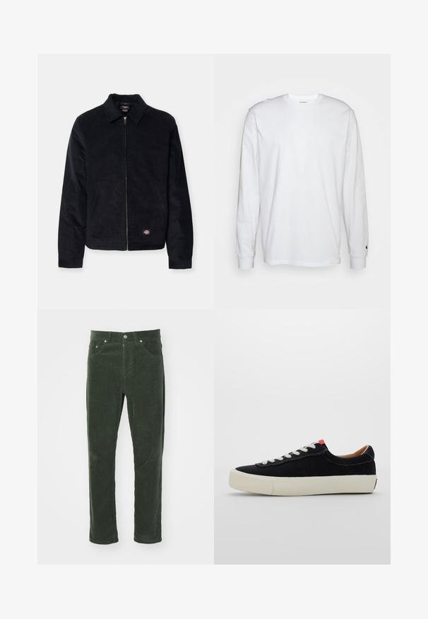Svart kordjacka med krage, framdragkedja, två sidofickor och en liten logotyp på den nedre vänstra sidan. Strukturerad tyg.; Vit långärmad T-shirt i bomull. Rundhalsdesign med ribbad mudd och en liten logotyp på vänster ärm. Slät textur.; Gröna kordflorsbyxor med rak bendesign, som har fem fickor, metallknäppning och strukturerad ribbad yta.; Svart tygsneaker med vita snörning, beige gummisula och röd detalj vid hälen. Rundad tå och minimal sömnadsdetalj.