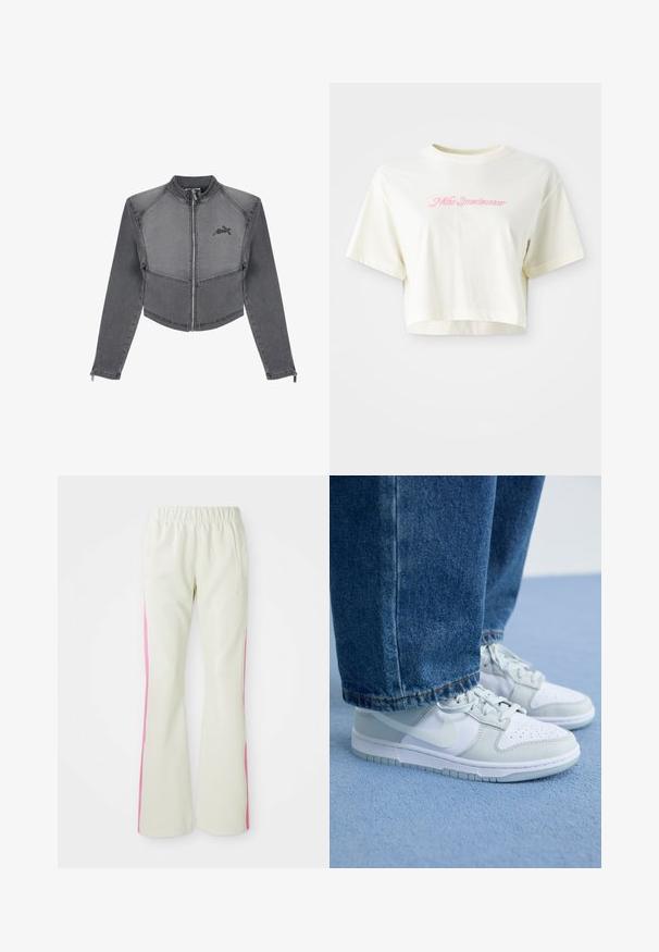 Jaqueta de denim cinza cortada com um colarinho alto, fecho de correr e detalhe do logo no peito. Apresenta costuras contrastantes e mangas ajustadas.; T-shirt cortada, de cor creme, feita de algodão. Apresenta um logo bordado em rosa que diz "Nike Sportwear". Com mangas curtas e gola redonda.; Calças bege claras com uma cintura elástica, apresentando painéis laterais cor-de-rosa e bolsos laterais. Textura suave com um design de perna reta.; Ténis Nike em couro branco e cinza claro com biqueira perfurada, atacadores planos e sola de borracha, combinados com calças de ganga azuis.
