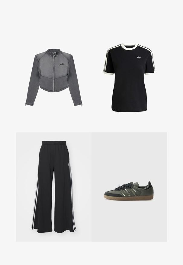 Skraćena siva traper jakna s visokim ovratnikom, zatvaranjem na zip i logotipom na prsima. Ima kontrastne šavove i pripijene rukave.; Crna pamučna majica s bijelim detaljima na ovratniku i rukavima, s tri bijele pruge na svakom ramenu i malim logotipom na prsima.; Crne široke trenirke s elastičnim pojasom, s bijelim bočnim trakama i izvezenim logom na lijevom bedru.; adidas Originals SAMBA OG - Tenisice - core black/legend earth/gum