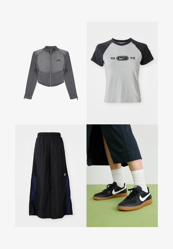 Lyhyeksi leikattu harmaa farkkutakki, jossa on korkea kaulus, vetoketjusulku ja logo yksityiskohtana rinnassa. Erikoisuutena on kontrastiväriset saumat ja istuvat hihat.; Harmaa ja musta lyhythihainen t-paita, jossa on pyöreä kaula-aukko, keskellä logo ja teksti "1972" mustana edessä.; Musta leveälahkeinen housu, joka on valmistettu kevyestä kankaasta. Housuissa on tummansininen sivupaneeli ja joustava vyötärö. Alhaalla on pieni valkoinen logo.; Mustat nahka- ja synteettiset urheilukengät, joissa on valkoinen Nike-merkki, kuminen pohja, pyöreä kärki ja mustat nauhat. Raitapintaiset valkoiset sukat näkyvissä.