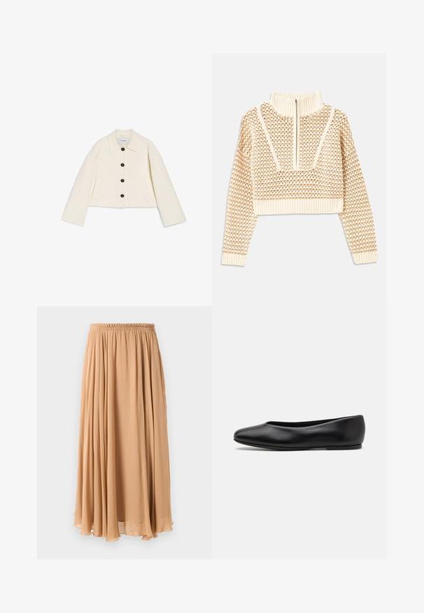 Lyhennetty ivoirin takki pehmeästä kankaasta, jossa on kaulus, musta nappikiinnitys ja kaksi etutaskua. Suunniteltu leveillä hihoilla.; Vaalea beige lyhyt neulepusero, jossa on vetoketjukiinnitteinen korkea kaulus. Se esittelee teksturoidun kuosin ja ribbireunat hihoissa ja helmassaan. Yhdistelmä neulotusta ja kudotusta materiaalista.; Maxihame vaaleanbeigeä, valmistettu ilmavasta kankaasta. Siinä on kokoontuva joustavyötärö ja pehmeät poimut liikkumista varten.; Paul Smith TOPANGA - Ballerinat - black