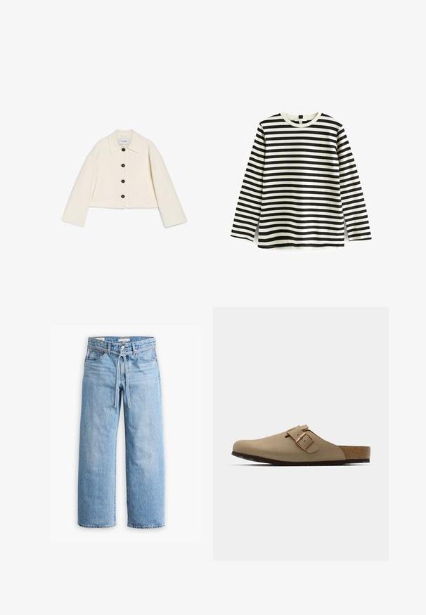 Krótka, koślawa kurtka w kolorze kości słoniowej, wykonana z miękkiego materiału, z kołnierzem, czarnym zapięciem na guziki oraz dwiema przednimi kieszeniami. Zaprojektowana z szerokimi rękawami.; Długą koszulka z bawełny z czarno-białymi poziomymi paskami, okrągłym dekoltem i miękką teksturą. Brak widocznych elementów metalowych lub akcentów.; Jasnoniebieskie dżinsy w szerokim kroju z wysokim stanem, z zapięciem na guziki i zamek oraz sznurkiem w talii. Zakończenie w surowym wykończeniu.; Beżowe klapki z zaokrąglonym noskiem, regulowanym zapięciem i korkową wkładką. Teksturowana powierzchnia z czarną gumową podeszwą dla lepszej przyczepności.
