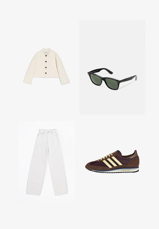 Afskåret elfenbensfarvet jakke i et blødt stof med krave, sort knaplukning og to forlommer. Designet med brede ærmer.; Hvid kortærmet t-shirt lavet af blød bomuld, med rund halsudskæring og et enkelt, rent design uden mønstre eller grafik.; Hvide wide-leg jeans lavet af denim, med fem lommer, kobber hardware og knaplukning foran. Glat tekstur og lige skæring.; Brune og bordeaux sneakers lavet af ruskind og mesh-materialer, med tre cremefarvede striber, tekstureret stof på tungen, og en gummisål.; Sorte plastiksolkaber med grønne linser, firkantede stel, sølvaccent på brynene og teksturerede templede arme. Angivet mærke på den indre arm.; DRAGON DIFFUSION MINI FLAT GORA - Håndtasker - dark brown
