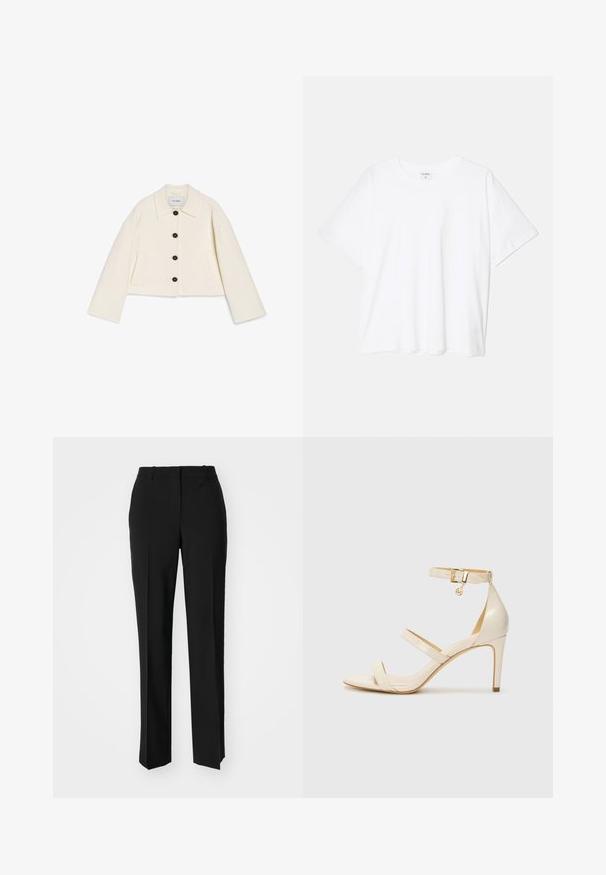 Cropped ivory jacket in a soft fabric featuring a collar, black button closure, and two front pockets. Designed with wide sleeves.; White cotton t-shirt with short sleeves, round neckline, relaxed fit, and stitched hem. Label visible on the inside neck.; Black tailored trousers with a straight-leg design, featuring a smooth texture and crisp creases along the front. No visible hardware.; Beige high-heeled sandals with thin ankle strap and two upper straps. Glossy patent finish and gold hardware detail on the ankle strap.