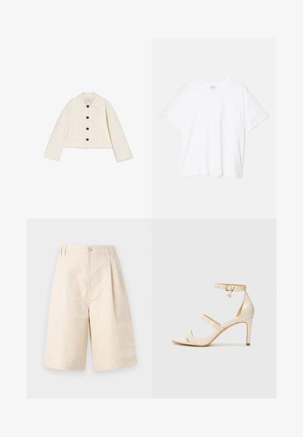 Lühendatud IVORY värvi jakk pehmest kangast, millel on krae, must nupulukustus ja kaks esi-taskut. Kujundatud laia varrukaga.; Valge puuvillane T-särk lühikeste varrukatega, ümmargune kaelus, mugav lõige ja õmmeldud serv. Silt nähtav kaela seest.; Beezid linane lühikesed püksid, millel on mugav lõige, nupuga sulgemine, volditud disain ja kuni põlve ulatuv lõige. Sile tekstuur ja lihtne stiil.; Bežid kõrge kontsaga sandaalid koos õhukese pahkluu rihmaga ja kahe ülemise rihmaga. Läikiv lakkviimistlus ja kuldne detail pahkluurihmadel.