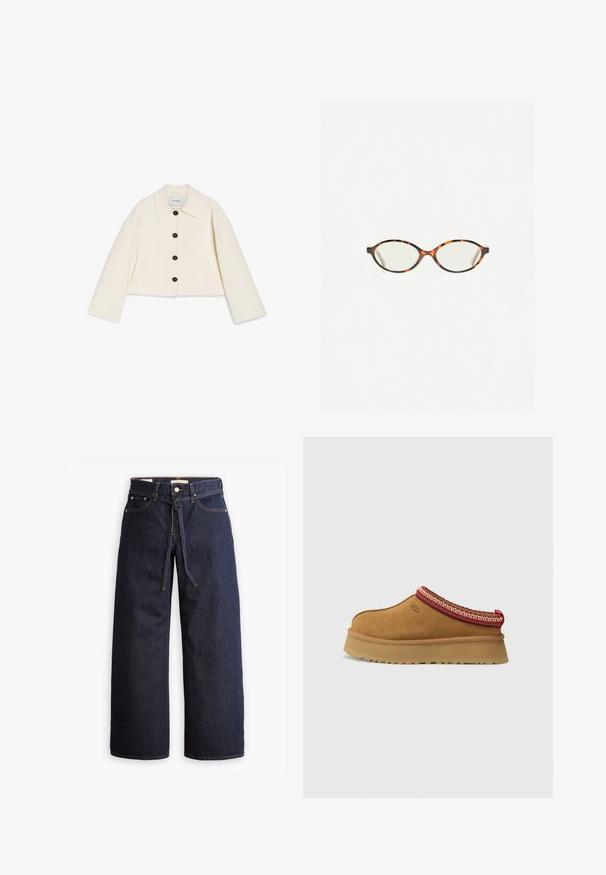 Cropped ivory jacket in a soft fabric featuring a collar, black button closure, and two front pockets. Designed with wide sleeves.; White short-sleeve t-shirt made of cotton. Features a crew neckline and a relaxed fit. Smooth texture with no visible patterns or accents.; Wide-leg dark blue denim jeans with a high waist, featuring a drawstring tie, five pockets, and contrasting stitching details.; Brown suede slip-on shoe with red and cream patterned trim, textured sole, and UGG logo on side. Features a slight platform height.; Tortoiseshell eyeglasses with oval lenses and a sleek, smooth finish. Features thin sides with a subtle curve at the temples. Clear lenses.