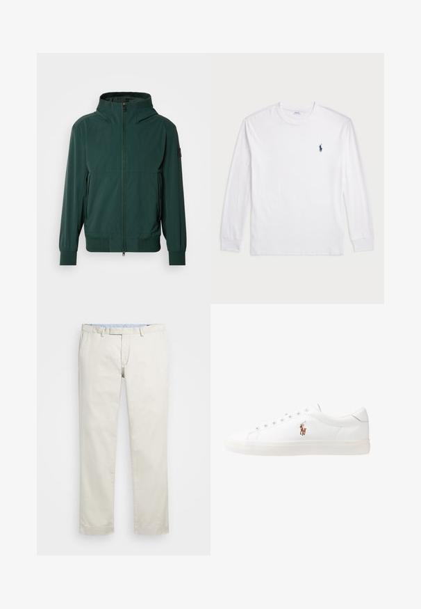Dark green lightweight jacket with a front zip, high collar, elasticized cuffs, and hem. Features a smooth texture and minimalistic design.; White long-sleeve T-shirt made of cotton. Features a round neckline, ribbed cuffs, and a small navy blue polo logo on the left chest.; Beige cotton chinos with a flat front, belt loops, and side pockets. Straight-leg design with a smooth texture and a light, breathable feel.; White leather sneakers, low-top design, featuring a smooth texture, round toe, laced front, and a small embroidered logo on the side.