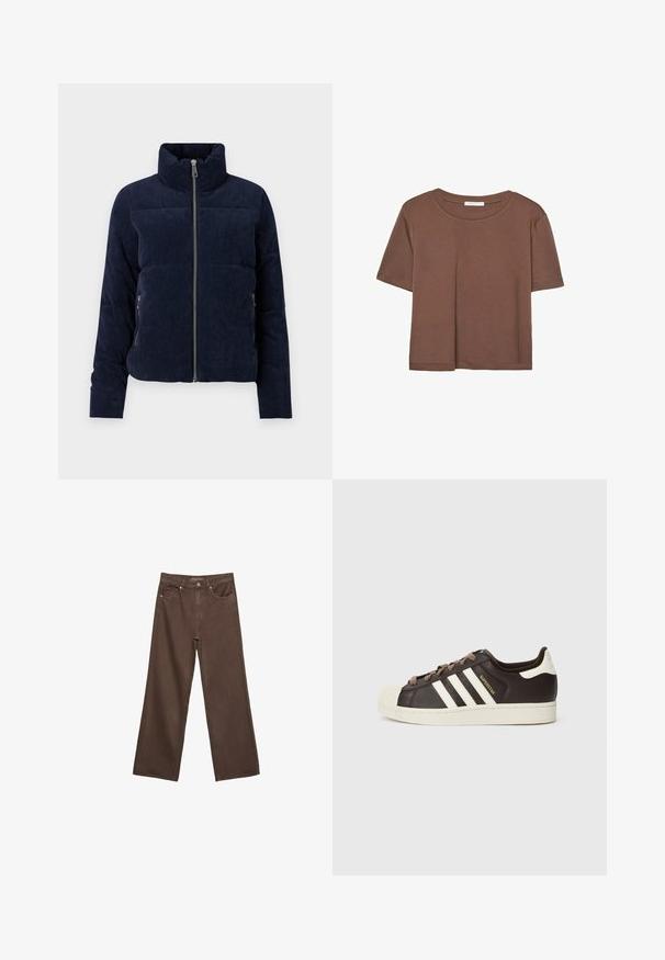 Temno modra puhovka iz rebraste tkanine z visokim ovratnikom in sprednjim zadrgo. Ima stranske žepe in quiltano zasnovo.; Rjava kratka majica s kratkimi rokavi iz mehkega materiala, s krožnim izrezom in ohlapnim krojem. Brez vidnih vzorcev ali dodatkov.; Široke rjave kavbojke iz denima, ki imajo visok pas, sprednje žepe in klasično zapiranje na gumb. Gladka tekstura s subtilnim šivom.; Nizki adidas Superstar copat iz temno rjavega usnja s kremasto školjkasto konico, belimi črtami in napisom "Superstar" na strani.