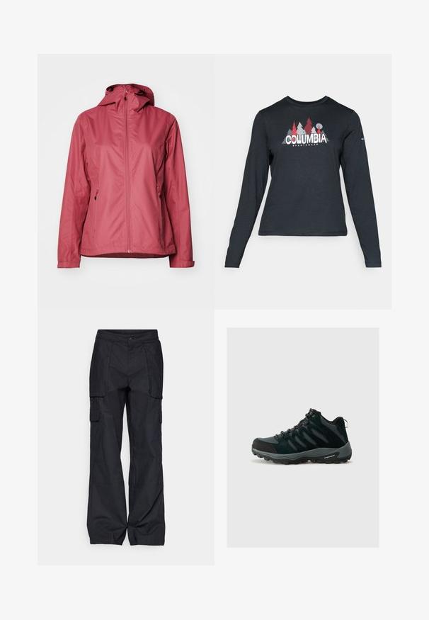 Rode waterdichte jas met een rits aan de voorkant, verstelbare capuchon en twee voorzakken. Glad van textuur en minimalistisch ontwerp, geschikt voor buitenactiviteiten.; Langsluitend donkergrijs shirt met lange mouwen, versierd met een grafisch ontwerp van rode bomen en bergen; het "COLUMBIA"-logo in vet witte tekst. Zacht materiaal, standaard ronde hals.; Columbia BREA FALLS™ COTTON RIPSTOP PANT - Outdoorbroeken - black; Columbia REDMOND - Outdoorschoenen - black/citron haze