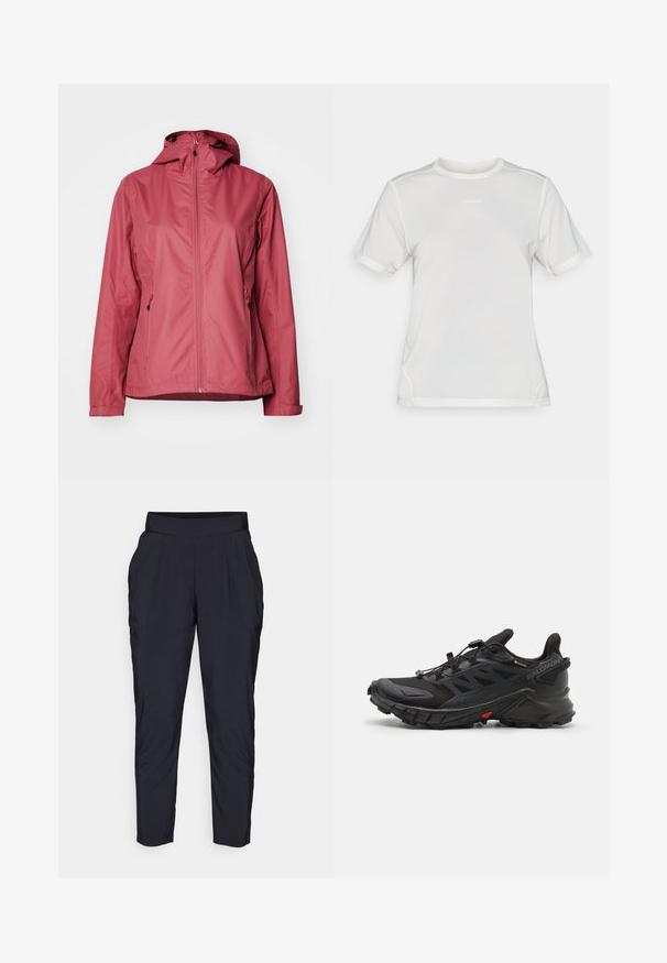 Czerwona wodoodporna kurtka z zamkiem z przodu, regulowanym kapturem i dwiema przednimi kieszeniami. Gładka faktura i minimalistyczny design, odpowiednia do noszenia na zewnątrz.; Biała koszulka sportowa z krótkim rękawem, wykonana z siateczkowego materiału, z okrągłym dekoltem i małym logo "Salomon" umieszczonym na środku klatki piersiowej.; Czarne zwężane spodnie z szerokim, elastycznym paskiem w talii, fałdami z przodu oraz kieszeniami po bokach. Wykonane z gładkiego, lekkiego materiału.; Czarne buty sportowe z teksturowaną cholewką, z systemem zabezpieczającym sznurówki, amortyzowaną podeszwą i wyraźnym czerwonym akcentem po boku.