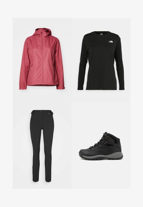 Giacca waterproof rossa con zip frontale, cappuccio regolabile e due tasche frontali. Tessuto liscio e design minimalista, adatta per l'abbigliamento outdoor.; T-shirt nera a maniche lunghe in cotone con colletto rotondo. Presenta un piccolo logo bianco sul lato sinistro del petto. Design semplice e vestibilità comoda.; Pantaloni neri aderenti realizzati in materiale flessibile. Presentano una tasca laterale con zip, ginocchia articolate e una texture liscia.; Stivale da trekking nero con design a metà altezza, dotato di una tomaia texturizzata, accenti grigi e suola in gomma resistente con tasselli per la trazione.