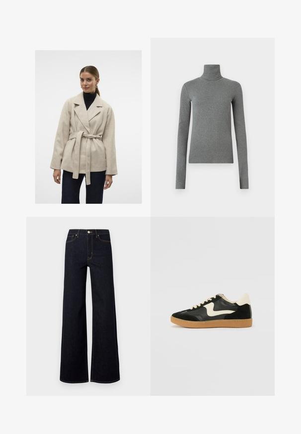 Beige villasekoite wrap coat, jossa on vyötärölle sidottava vyö, leveät kaulukset ja pitkät hihat, käytetty mustan high neck -puseron päällä, yhdistetty tummiin farkkuihin.; Harmaa poolapaita, joka on valmistettu sileästä ja joustavasta kankaasta. Pitkät hihat, tiukka malli, vähäistä tekstuuria, ilman näkyviä kuvioita tai varusteita.; Tummansiniset leveät farkut, valmistettu denimmateriaaleista, joissa on korkea vyötärö, kontrastiväriset tikkaukset ja yksittäinen metallipainike edessä.; Mustat mokka- ja nahkakengät, joissa on kermaisen valkoinen sivupainatus ja vaalea kermaisine kantapää. Varustettu beigeillä nauhoilla ja kumista valmistetulla ulkopohjalla.