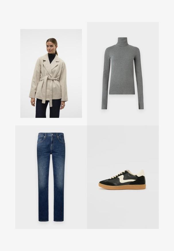 Bežist villasegu kombinatsiooniga mantel, millel on vööga talje, laiad kraed ja pikad varrukad, kantud musta kõrge kaelusega särgi peal, koos tumedate teksadega.; Hallhalli hallitatud särk, mis on valmistatud siledast, venivast kangast. Pikkade varrukatega, sobiv disain, minimaalne tekstuur, ilma nähtavate mustrite või riistvaraeta.; Tumedast sinise denimiga sirged teksad, millel on viis taskut, kontrastne õmblemine ja lukuga sulgemine.; Must musta ja nahast sneakersid, millel on koorevärvi külgsuund ja hele koorik. Omab beeži paelu ja kummi kummist välistalla.