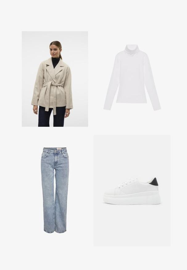 Beige ullblandings omslagsjakke med belte i midjen, brede revers og lange ermer, båret over en svart genser med høy hals, kombinert med mørke jeans.; Hvit langermet høyhalset topp laget av glatt, elastisk stoff. Har høy krage og tettsittende design, uten synlige mønstre eller dekorasjoner.; Lys blå vide jeans laget av denim, med høy midje, fem-lommers design og subtile falminger for et slitt utseende.; Hvite plattform sneakers laget av glatt syntetisk materiale, med rund tå, snøring og en strukturert gummisåle. Svart hæl akcent.