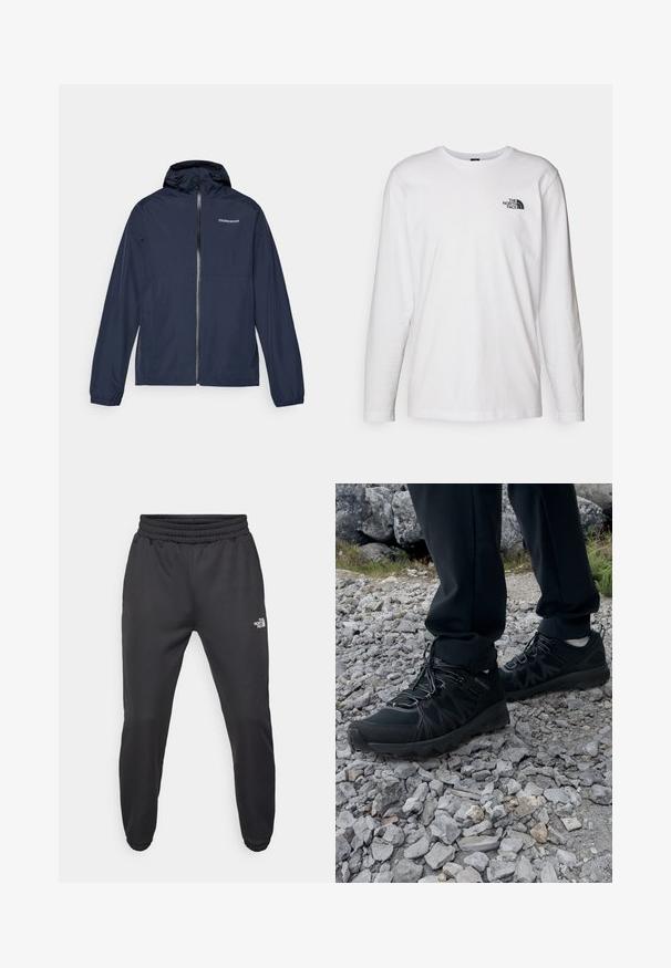 Námořnická modrá nepromokavá bunda s kapucí, plným předním zipem, elastickými manžetami a logem Didriksons na hrudi.; Bílý dlouhý rukáv tričko vyrobené z bavlny s kulatým výstřihem. Na hrudi se nachází malé černé logo. Hladká textura, běžný střih.; Černé tepláky s nastavitelným pasem, zúženým střihem, elastickými manžetami a malým bílým logem na levém stehně, vyrobené z hladké tkaniny.; Černé venkovní boty z prodyšného a syntetického materiálu, s texturovaným svrškem, bezpečným šněrovacím systémem a robustní podrážkou, na skalnatém terénu.