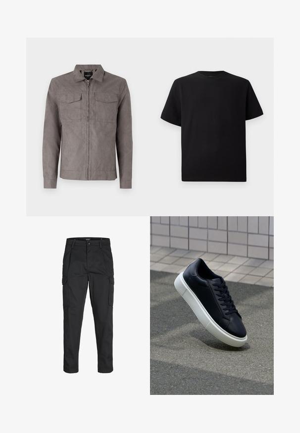 Pilkas švarkas, pagamintas iš minkštos, tekstūruotos medvilnės. Turi priekinę užtrauktuką, dvi krūtinės kišenes ir klasikinį apykaklę. Ilgos rankovės su mygtukų rankogaliais.; Juodas trumpomis rankovėmis marškinėliai, pagaminti iš tekstūruotos medžiagos, su apvaliu iškirpimu ir laisvu siluetu. Paprasti, be raštų ar akcentų.; Juodi krovinių tipo džinsai, pagaminti iš tvirto audinio, su keliais kišeniais, mygtuko uždarymu ir siauru, prigludusiu dizainu su siaurėjančiomis kojomis.; Juodas odinis sportbačius su apvaliu pirštu ir baltu gumuotu padu. Turi plokščias raišteles ir minimalų siuvimą viršuje. Padangos tekstūra užtikrina sukibimą.