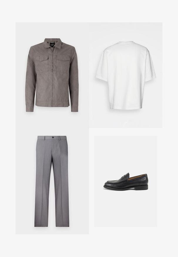 Casaco cinza feito de um tecido suave e texturizado. Apresenta um fecho na frente, dois bolsos no peito e uma gola clássica. Mangas longas com punhos de botão.; Camiseta branca de manga curta, de corte solto, com gola redonda, tecido de algodão liso, costas sem adornos, barra reta, sem padrões ou detalhes.; Calças cinzas ajustadas com frente plana, dois bolsos laterais e fecho de botão único. Textura suave com um discreto padrão de risca de giz.; Mocassins pretos de pele com um acabamento suave, bico redondo e costura decorativa no a parte superior. Salto baixo e empilhado com um ligeiro brilho.