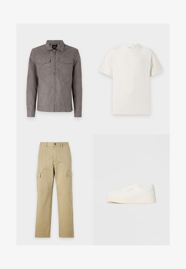 Hallatud hall jakk, mis on valmistatud pehmest, tekstureeritud kangast. Omab esistipperit, kahte rinna taskut ja klassikalist kraed. Pika varrukaga ja nööbiga mansetid.; Valge lühikeste varrukatega T-särk ribakudumises. Ümar kaelus, mugav lõige, nähtavad mustrid ega aksessuaarid puuduvad. Lihtne ja mitmekesine disain.; Beige cargos, mis on valmistatud puuvillast, sisaldavad kahte küljetaskut, nööbiga sulgemist ja sirgeid jalgu, millel on kergelt tekstureeritud kangas.; Valged libisemiskindlad tossud tekstuuriga pinnaga, paksu tallaga ja minimalistikus disainis. Küljel on brändi logo.