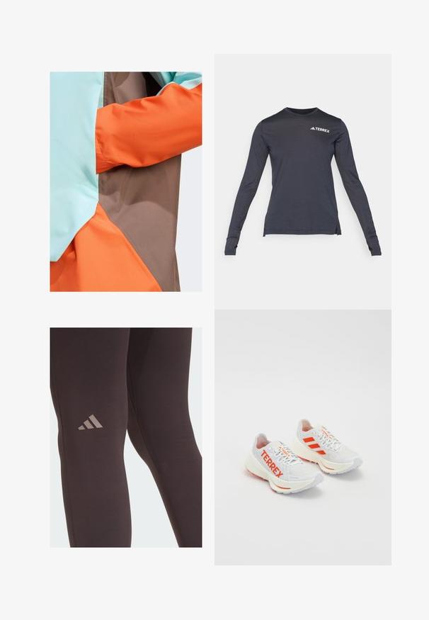 adidas Terrex ANORAK - Vodootporna jakna - earth strata semi flash aqua semi impact orange; Majica dugih rukava u mornarsko plavoj boji s okruglim izrezom, koja sadrži bijeli "Terrex" logo i teksturirane mrežaste bočne panele.; Crne atletske tajice glatke teksture, sa suptilnim smeškolikim Adidas logom na bedrima i pojačanim šavovima.; Bijele tenisice za trčanje s narančastim detaljima. Mrežasti materijal, zaobljeni vrh i debeli međupodstava. "TERREX" otisnut na bočnoj strani i tri pruge na peti.