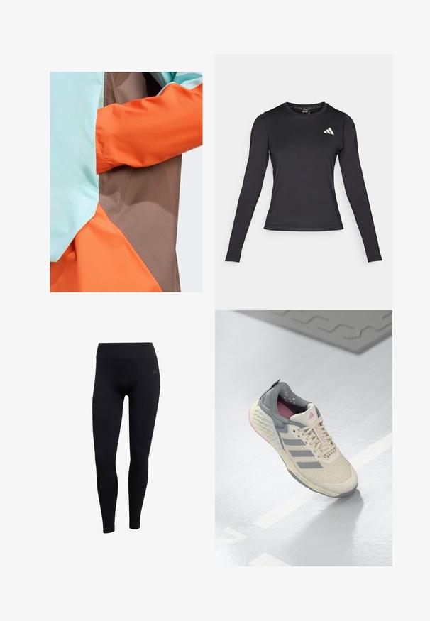 adidas Terrex ANORAK - Impermeabile - earth strata semi flash aqua semi impact orange; Maglietta sportiva nera a maniche lunghe realizzata in materiale liscio e elasticizzato. Presenta un logo bianco sul petto. Design aderente con scollatura rotonda.; Leggings sportivi neri realizzati in tessuto elasticizzato, con vita alta, design aderente e polsini a coste alle caviglie. Logo del marchio discreto.; Scarpa da ginnastica beige con accenti grigi, tomaia in rete e suola testurizzata. Presenta tre strisce grigie e dettagli interni rosa.