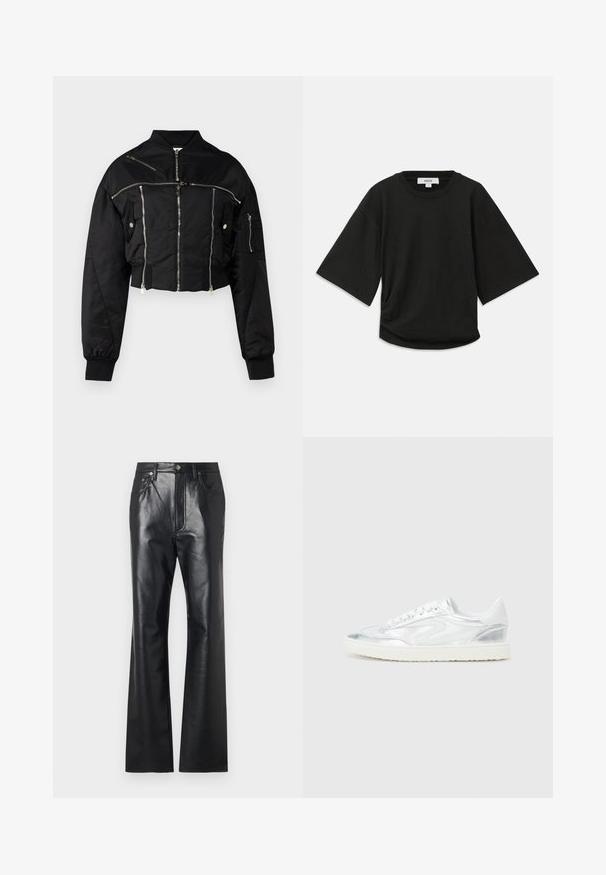 Musta lyhyt bomber-takki, joka on valmistettu sileästä kankaasta. Varustettu hopeisilla vetoketjuilla, ribbailla hihoilla ja useilla vetoketjullisilla taskuilla.; Musta lyhythihainen t-paita pehmeää puuvillakangasta, jossa on pyöreä kaula-aukko ja rento leikkaus, jossa on huomaamaton keräysdetaili sivussa.; Musta nahkahousut, joissa on sileä pinta, levenevä lahkeiden muoto, edessä vetoketju ja vyölenkit. Korostaa hienovaraisia ompeluvarsia.; Valkoiset lenkkarit, joissa on metallinhohtoiset hopea-yksityiskohdat, sileä pinta, pyöristetty kärki, litteä pohja ja perinteinen nauhakiinnitys.