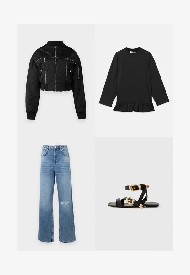 Juoda trumpa bomber tipo striukė, pagaminta iš lygaus audinio. Turi sidabrinius užtrauktukus, guminę apykaklę ir kelias užtrauktukais uždaromas kišenes.; Juodas ilgomis rankovėmis marškinėlis su apvaliu iškirpimu, raukšlėtu apdailos kraštu ir subtiliu tekstiniu dekoru priekyje. Pagamintas iš minkštos, patogios medžiagos.; Šviesiai mėlynos plačių kojų džinsai iš denimo audinio, su aukštu liemeniu, penkių kišenių dizainu ir užrašu "STIEGLITZ" siuvinėjimu ant kairio šlaunies.; Juodos odinės šlepetės su auksiniais sagtelėmis, turinčios daugybę dirželių ir plokščią padą, skirtos atviriems pirštams.