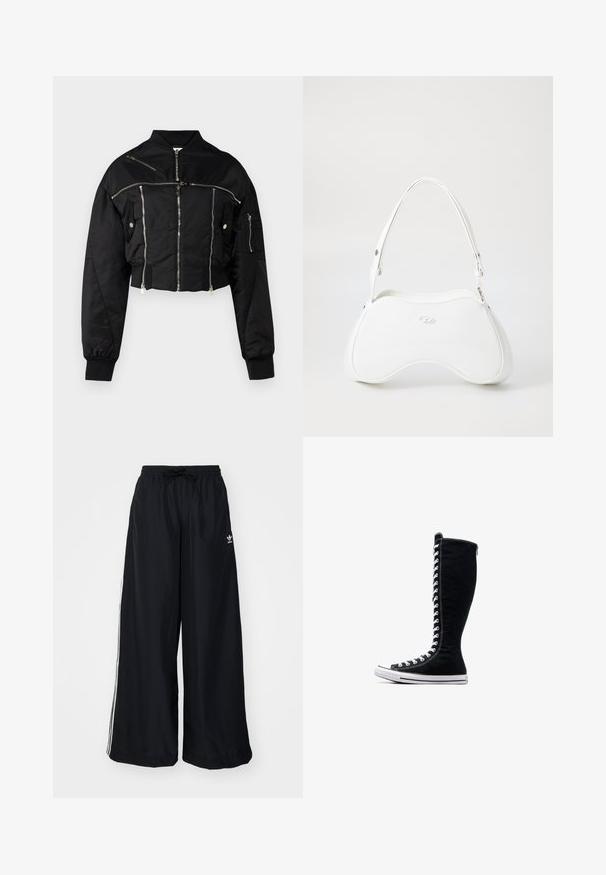 Sort cropped bomberjakke lavet af glat stof. Har sølvfarvede lynlåse, ribbede manchetter og flere lynlåslommer.; Sort ribbet crop top med justerbare tynde stropper, der har tre hvide striber på siderne og et lille hvidt Adidas-logo i midten.; Sorte vide bukser lavet af letvægtsstof. Har en elastisk talje med snøre og hvide sidelister. Brandlogo på hoften.; Sorte høje sneakers med et højt design, lavet af kanvas. Har hvide snørebånd, syninger og en gummisål med en tåhætte.; Hvid håndtaske med en glat, blank overflade, afrundet form og en enkelt justerbar strop. Har et præg af logo på forsiden.