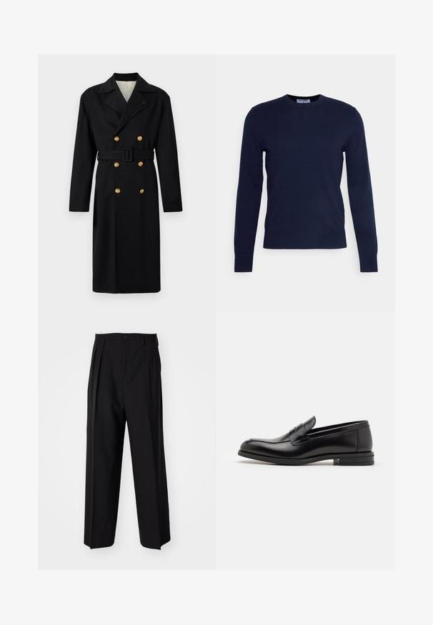Črni dvoredni plašč z strukturo, ki ima zlate gumbe, pas z zavezovanjem in izrezan ovratnik. Gladka tkanina s klasičnim krojem.; Mornarsko modra pulover s krojem na okroglo, izdelan iz mehkega blaga, z dolgimi rokavi in rebrastim robom. Brez vidnih vzorcev ali okrasnih elementov.; Črne nabirane hlače s ravnim, širokim krojem. Narejene so iz gladkega materiala in imajo zadrgo ter pasne zanke.; Črne usnjene loafer čevlje z gladko teksturo, zaobljenim nosom in dekorativnim trakom čez zgornji del. Nizka zložena peta, minimalističen dizajn.