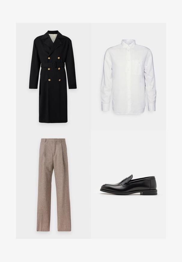 Crni dvostruko kopčani kaput u strukturiranom dizajnu, s zlatnim dugmadima, remenom na vezanje i reverima. Glatka tkanina s klasičnim krojem.; Duga bijela košulja od pamuka, s kragnom na dugmad, prednjim džepom i regularnim krojem. Teksturirana tkanina s glatkom površinom.; Smeđe, hlače viskog struka od teksturiranog materijala. Imaju široke nogavice i dva prednja pregiba za strukturu. Uređen završetak bez vidljivih metalnih dijelova.; Crni kožni mokasini s glatkom teksturom, zaobljenim prstima i ukrasnom trakom preko prednjeg dijela. Niski slojeviti potplat, minimalistički dizajn.