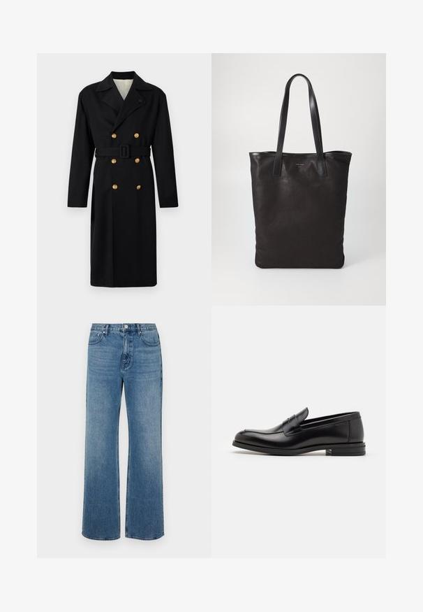 Čierny dvojradový kabát so štruktúrovaným dizajnom, s zlatými gombíkmi, opaskom na viazanie a klopovým golierom. Hladká tkanina s klasickým strihom.; Biela košeľa s gombíkmi a golierom, s jemnými vertikálnymi prúžkami, dlhými rukávmi, vreckom na hrudi a klasickým oblým spodkom.; Džínsy s širokými nohavicami vo farbe modrej, vyrobené z denimovej látky s vyblednutým vzhľadom. Obsahujú päť vreciek, predné zapínanie na gombík a rovný strih.; Čierne kožené mokasíny s hladkou textúrou, zaoblenou špičkou a dekoračným pásikom cez priehlavok. Nízky vrstvený opätok, minimalistický dizajn.; Čierna plátená taška s čiernymi koženými ušami. Jednoduchý dizajn, priestranné telo a hladká textúra. Žiadne viditeľné logo ani vzory.