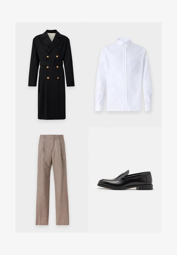 Abrigo negro de corte estructurado con doble botonadura, que cuenta con botones dorados, cinturón de lazo y cuello con muesca. Tejido suave con un ajuste clásico.; Camisa blanca de manga larga y botonadura frontal, hecha de algodón, con un bolsillo en el pecho con bordado tonal, cuello y puños con botones.; Pantalones marrones de cintura alta hechos de una tela texturizada. Presentan piernas anchas y dos pliegues frontales para dar estructura. Acabado limpio sin hardware visible.; Mocasines de cuero negro con una textura suave, puntera redondeada y una tira decorativa en el empeine. Tacón bajo apilado, diseño minimalista.