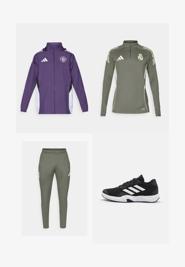 adidas Performance MANCHESTER UNITED 25/26 COMPETITION ALL WEATHER JACKET - Club wear - aurora plum/white/black; Dark green long-sleeve top with half-zip collar, light green stripes on shoulders, and embroidered club logo, made from lightweight fabric.; Olive green track pants with a slim fit, elastic waistband, and side pockets. Features a logo on the left thigh and contrasting accents.; Black athletic shoes with a textured mesh upper, white accent stripes, a cushioned sole, and a reinforced heel for support.