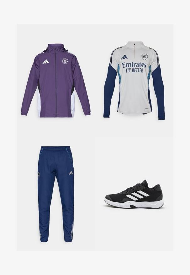 adidas Performance MANCHESTER UNITED 25/26 COMPETITION ALL WEATHER JACKET - Club wear - aurora plum/white/black; White long-sleeve jersey with navy blue accents, half-zip neckline, featuring "Emirates Fly Better" logo and Arsenal club crest.; Navy jogger pants made from lightweight fabric, featuring a blue accent, logo patch, and three white stripes along the lower legs.; Black athletic shoes with a textured mesh upper, white accent stripes, a cushioned sole, and a reinforced heel for support.