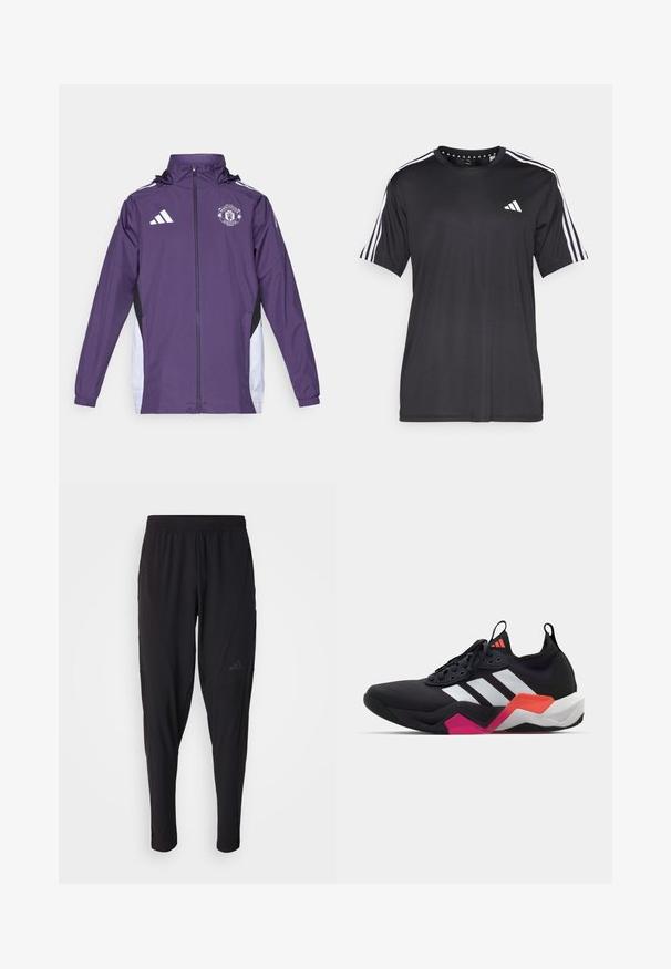 adidas Performance MANCHESTER UNITED 25/26 COMPETITION ALL WEATHER JACKET - Klupska odjeća - aurora plum/white/black; Crna majica kratkih rukava s bijelim trostrukim dizajnom na ramenima i logotipom na prsima. Izrađena od prozračnog materijala, glatke teksture.; Crne sportske hlače s elastičnim pojasom, suženim dizajnom, bočnim džepovima i suptilnim logotipom. Izrađene od fleksibilne, prozračne tkanine.; Crne atletske tenisice s bijelim prugama, teksturiranim gornjim dijelom i debelim potplatom s narančastim, ružičastim i bijelim detaljima. Dizajn s vezicama i trakom za povlačenje.