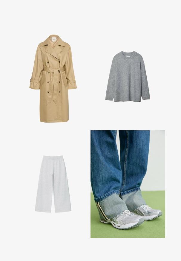 Manteau trench beige en tissu lisse et léger. Doté d'un devant double boutonnage, de poches latérales et d'une ceinture à nouer à la taille.; Pull en tricot gris avec un col rond, des épaules tombantes et des poignets côtelés. Texture douce et coupe ample. Pas de motifs ni d'accents.; T-shirt blanc uni à manches courtes et col rond avec une étiquette noire au niveau du col, posé à plat sur un fond blanc.; Pantalons larges gris clair en tissu doux avec une taille élastique. Le design présente une coupe ample pour un confort et une liberté de mouvement.; Des chaussures de sport grises en matériau mesh avec des accents blancs, associées à un jean en denim bleu retroussé aux chevilles.