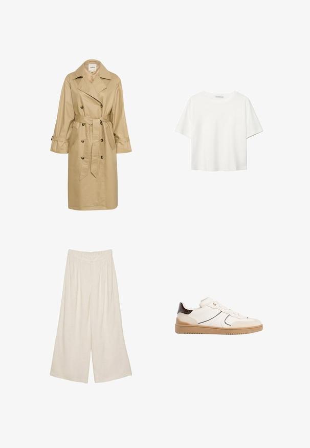 Beige trench coat lavet af glat, letvægtsstof. Har en dobbeltknaplukning foran, sidelommer og et bundet taljebælte.; Hvid kortærmet t-shirt lavet af bomuld. Har en rund halsudskæring og en afslappet pasform. Glat tekstur uden synlige mønstre eller detaljer.; Lette beige bredde ben bukser i linned med plisseret design og elastisk talje for komfort og nem påklædning.; Stradivarius Sneakers - white
