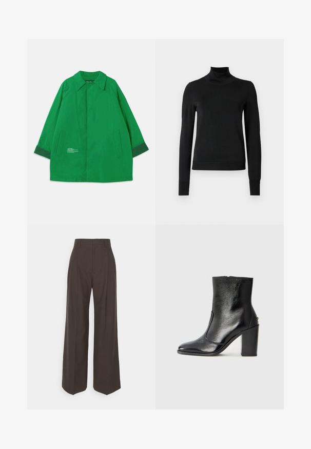 Zeleni vanjski jakna s ovratnikom, dva bočna džepa i kontrastnim tamnozelenim manžetama. Izrađena od glatkog materijala s tekstualnim detaljima.; Crna dugosruga majica s rolijom i rebrastim manžetama i donjim rubom, prikazana na jednostavnoj bijeloj pozadini.; Tamno smeđi hlače širokih nogavica s visokim strukom, s uredno peglanim naborima, glatkom teksturom i krojem koji dobro pristaje.; Crna kožna čizma do gležnjeva s glatkom teksturom, špicastim vrhom i debelim visokim potpeticama. Ima bočni otvor i minimalistički dizajn.