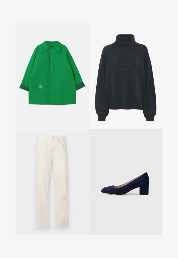 Giacca esterna verde con colletto, due tasche laterali e polsi a contrasto di un verde scuro. Realizzata in un tessuto liscio con dettagli testuali.; Gestuz MANZI ROLLNECK - Maglione - deep graphite; Jeans in denim dritto color bianco sporco con cinque tasche, passanti per cintura e chiusura con bottone e zip in vita.; Pump in suede blu Navy con punta affusolata e tacco blocco di media altezza. Texture liscia con una leggera lucentezza e un piccolo taglio sul davanti.