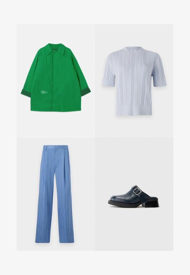 Green outerwear jacket with a collar, two side pockets, and contrasting dark green cuffs. Made from a smooth fabric with text details.; Light blue short-sleeved knit top featuring vertical ribbed texture and a crew neckline. The fabric shows subtle detailing with a fitted hem.; Light blue wide-leg trousers with vertical white stripes. Made of smooth material, featuring a front pleat and a clean waistband design.; Navy blue leather clog with a textured finish, featuring a side strap and silver buckle, set on a low black heel with a sturdy sole.