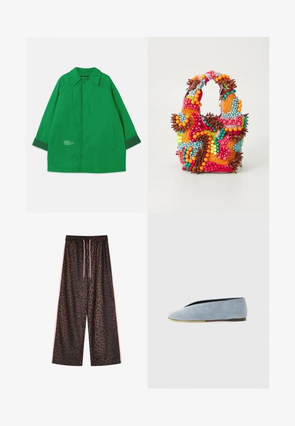 Zelená vnější bunda s límcem, dvěma bočními kapsami a kontrastními tmavě zelenými manžetami. Vyrobena z hladké textilie s textovými detaily.; Světlá modrá bezrukávová žebrovaná tílko s kulatým výstřihem a malým vyšitým logem uprostřed. Hladká textura, přiléhavý střih.; Kalhoty s širokými nohavicemi v leopardím vzoru v hnědé a černé barvě, s elastickým pasem a růžovými šňůrkami na stažení a bočními růžovými pruhy. Hladký textilní povrch.; Džínové slip-on boty světle modré barvy s hladkým povrchem, mandlovým tvarem špičky a plochou černou podrážkou. Minimalistický design s nízkým profilem.; Beaded kabelka s živými barvami: růžovou, oranžovou, modrou a hnědou. Texturovaný povrch s kulatými korálky a organickými tvary, pevné uchy.
