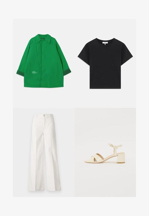 Grön ytterjacka med krage, två sidofickor och kontrasterande mörkgröna manschetter. Tillverkad av ett slätt tyg med textdetaljer.; Svart kortärmad t-shirt i bomull med rund halsringning, korta ärmar och en enkel design utan mönster eller dekorationer.; Vita vida-byxor gjorda av bomull med en slät textur. Har en framknapp, gylf med dragkedja och fyra fickor.; Beiga lackläderklacksandaler med korsad remdesign, öppen tå, justerbar ankelrem och blockklack. Slät yta.