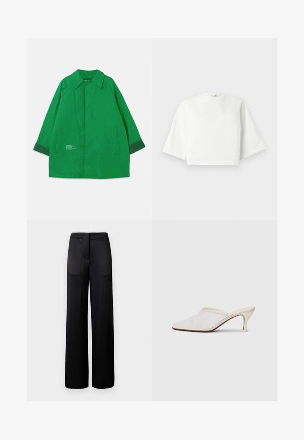 Jachetă exterioară verde cu guler, două buzunare laterale și manșete de un verde închis, în contrast. Fabricată dintr-un material neted cu detalii textuale.; Tricou alb scurt, cu croială lejeră, mâneci scurte și lățite, de gât rotund și crăpături laterale, realizat din material de bumbac moale.; Pantaloni negri cu croială largă, cu o suprafață texturată, având un tiv plat și două buzunare laterale. Țesătura pare ușoară și fluidă.; Mule alb cu plasă, cu vârf ascuțit, toc subțire de înălțime medie și design slip-on, pe un fundal simplu.