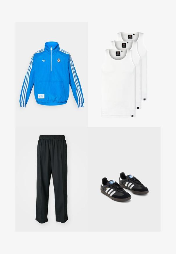 adidas Originals REAL MADRID ICON HALF ZIP JACKET - Roupa de discoteca - bluebird/white; Três tops em algodão de alças brancas com nervuras. Apresentam um decote redondo e pequenas etiquetas pretas perto da bainha. Disponíveis em vários tamanhos.; Calças atléticas pretas com um cós elástico, feitas de tecido suave, com costuras laterais discretas e um ajuste descontraído, design de perna reta.; Sneakers pretos com parte superior em camurça e sintético, apresentando três riscas brancas, sola de borracha texturizada e etiqueta azul no linguete.