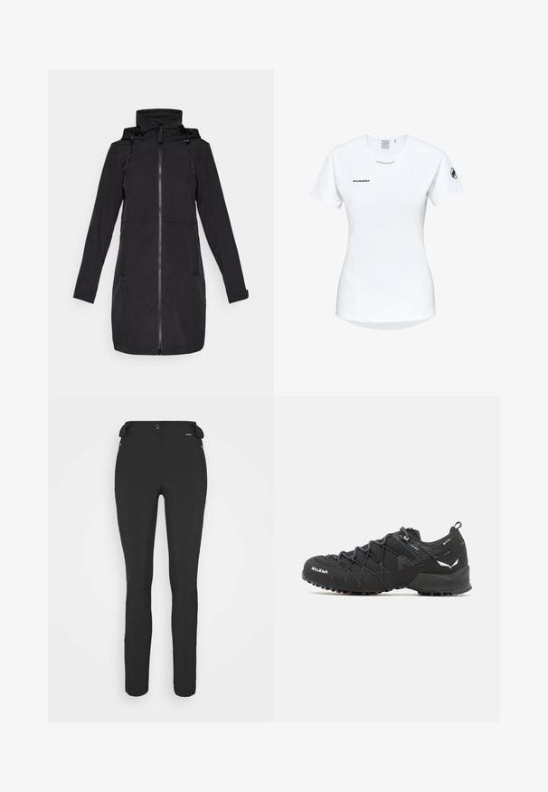 Black long coat made of a water-resistant material, featuring a zip closure, drawstring hood, and two side pockets. Smooth texture.; Short-sleeve white athletic shirt with a round neckline, featuring a logo on the chest and a smooth, lightweight fabric texture.; Black, fitted pants made from a flexible material. Features include a zippered side pocket, articulated knees, and a smooth texture.; Black hiking shoes with a textured fabric upper, lacing system, and rugged rubber sole. Accented with reflective details and logos.