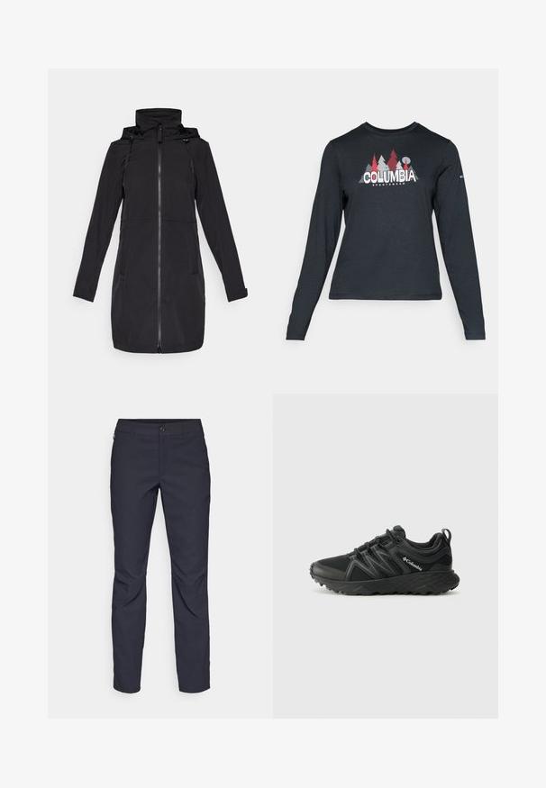 Must have veepiline jope, mis on valmistatud veekindlast materjalist, millel on tõmblukuga sulgur, reguleeritav kapuuts ja kaks küljetaskut. Sujuv tekstuur.; Pikend varrukatega tumehall särk, millel on punaste puude ja mägede graafika; "COLUMBIA" logo julge valge tekstiga. Pehme kangas, tavaline ümmargune kaelus.; Tumedat sinised püksid sujuva kangaga, millel on esiääre nuppude sulgemine, kitsas lõige ja volditud detailid põlvede piirkonnas.; Columbia PEAKFREAK - Matkajalatsid - black