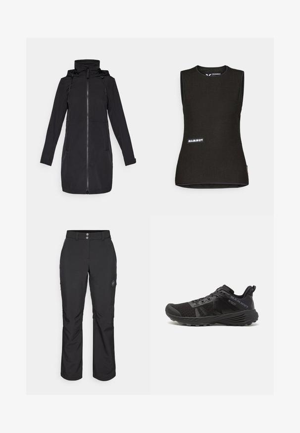 Abrigo largo negro hecho de un material resistente al agua, con cierre de cremallera, capucha con cordón y dos bolsillos laterales. Textura suave.; Camiseta sin mangas negra con un patrón texturizado, con un escote redondo y un logo de "MAMMUT" en el frente. Hecha de material transpirable.; Pantalones exteriores negros de corte recto, con cierre de botón, bolsillos laterales con cremallera y un parche con el logotipo en el muslo izquierdo.; Zapatilla de running negra con parte superior de malla texturizada, puntera reforzada y suela de goma. Presenta un sistema de cordones y detalles del logo en el costado.