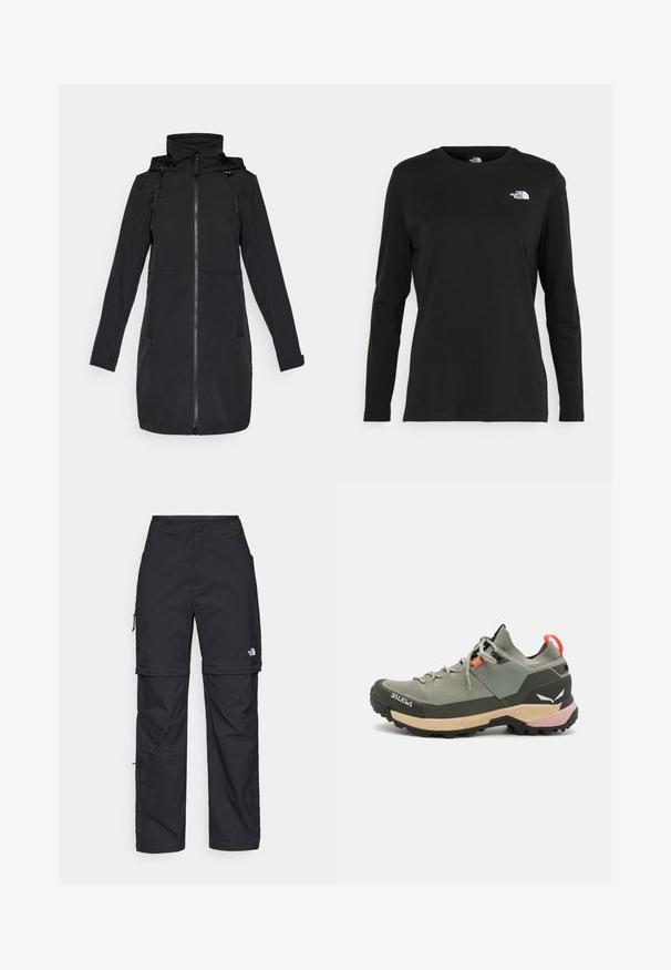 Zwarte lange jas van een waterafstotend materiaal, voorzien van een ritssluiting, een koordcapuchon en twee zijzakken. Soepele textuur.; Zwart langsluiting T-shirt van katoen met een ronde hals. Heeft een klein wit logo op de linkerkant van de borst. Eenvoudig ontwerp en pasvorm.; Zwarte nylon cargo broek met afneembare pijpen, verstelbare manchetten, meerdere zakken en een logo op het rechterbeen. Gladde, lichte textuur.; Lichte groene wandelschoen van mesh en rubber, zwarte traction outsole, met roze en oranje accenten en een verstevigde neus.