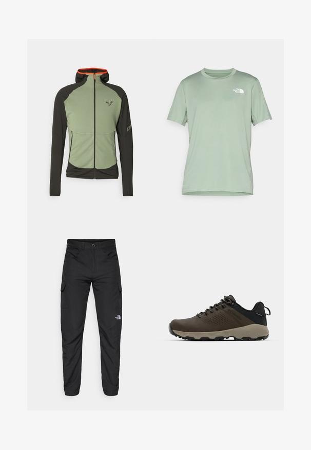 Hooded jacket featuring a light green body with black sleeves, an orange inner lining, and a zipper front. Includes logo detail on the chest.; Light green short-sleeve t-shirt made of soft fabric; features a white logo on the upper left side; round crew neckline.; The North Face HORIZON PANT - Outdoor trousers - black; Brown waterproof sneakers with a textured upper, perforated accents, black heel support, and a grey rubber sole. Laces are styled with metallic ends.