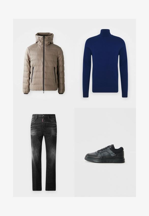 Puffer jacket in taupe with a hood, featuring a textured fabric, horizontal quilted pattern, front zipper, and side pockets.; Navy blue turtleneck sweater made of smooth knit fabric. Long sleeves and fitted design with ribbed accents at the collar and hem.; Black denim jeans with a straight fit. Features faded areas, minor distressing, classic five-pocket design, and a button closure.; Black sneakers featuring a smooth leather upper, mesh accents, perforated details, and a textured rubber sole with a low profile design.