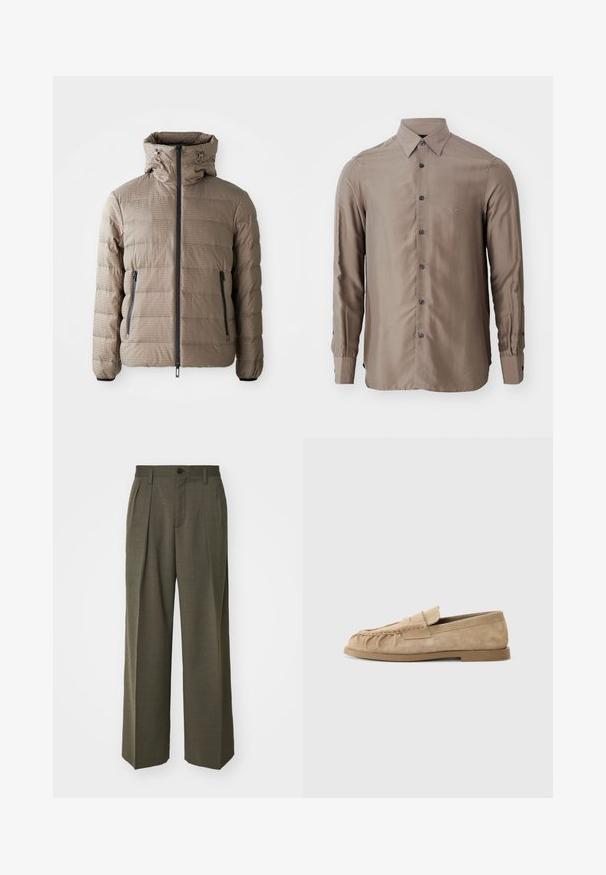Pūkinis švarkas taupe spalvos su gobtuvu, turintis tekstūruotą audinį, horizontalų siuvinėtų juostų raštą, priekinį užtrauktuką ir šonines kišenes.; Ilgų rankovių marškiniai taupe spalvos, pagaminti iš lygaus audinio, su mygtukų užsegimu priekyje ir tamsiais mygtukais, su maža logotipo etikete ant krūtinės.; Filippa K WIDE TROUSERS - Kelnės - driftwood; Bežiniai suede slip-on loaferi su surinkta dizainu, turintys plokščią padas ir dekoratyvinę juostelę per vampą. Lygi tekstūra.